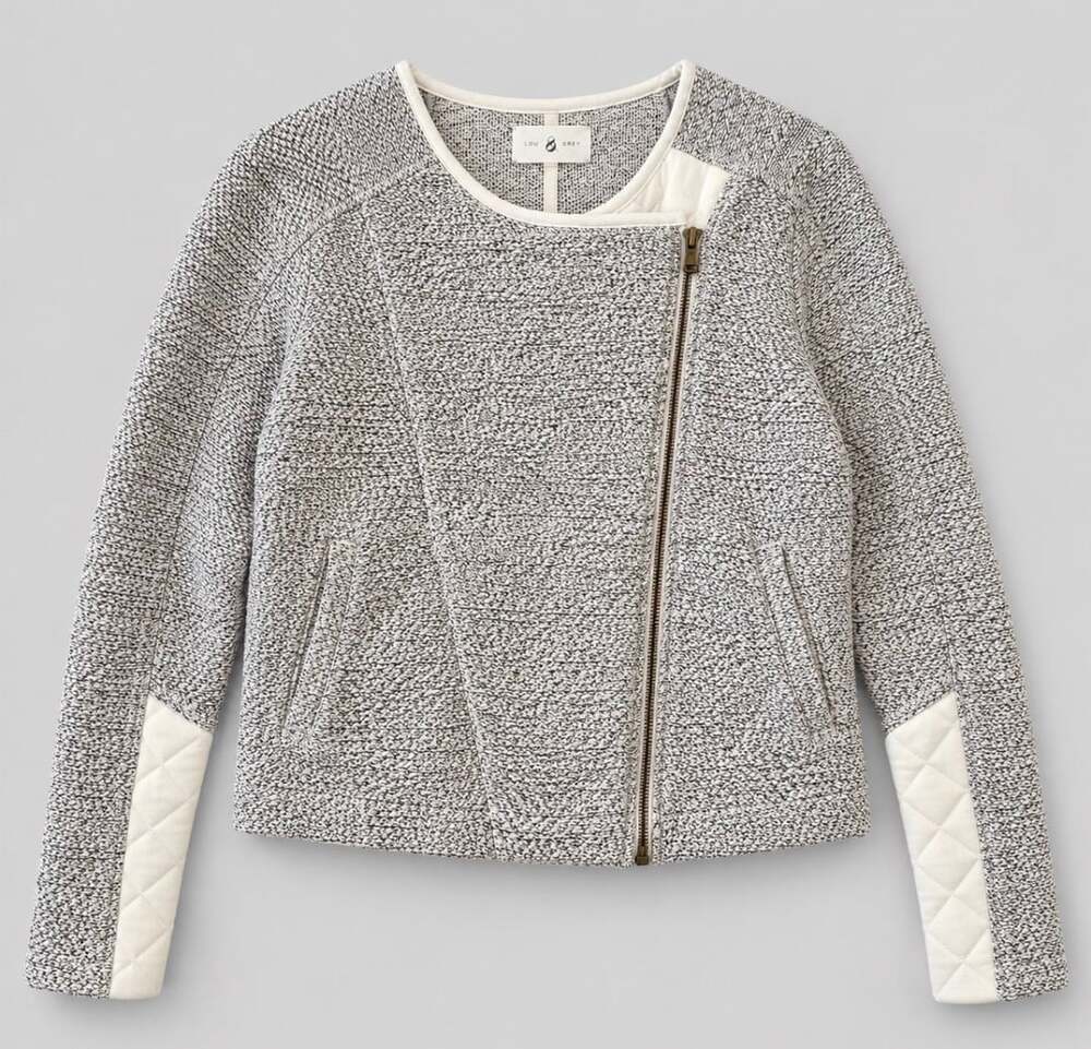LOU & GREY Textured Boucle Moto Jacket Womens Medium Gray Quilted Zip Asymmetric